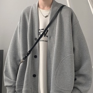 慵懒风宽松休闲上衣外套 2023新款 华夫格V领开衫 卫衣男潮牌春秋季