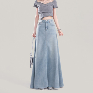 2508设计感百搭韩版 毛边牛仔半身长裙女高腰春秋宽松牛仔半身长裙