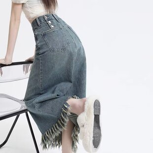 复古高腰开叉牛仔半身裙夏季新款大码显瘦流苏设计感中长a字半裙