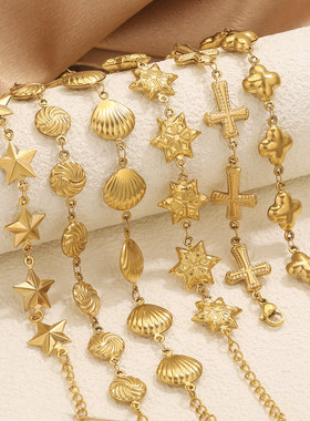 钛钢简约小众几何圆圈手链女  冷淡风贝壳十字架光面空心手环手饰