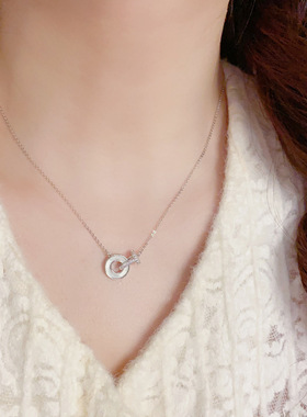 小众气质时尚百搭锆石T字母贝壳圆环吊坠项链个性轻奢高级锁骨链