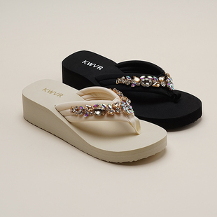 软底增 女人字拖沙滩松糕新款 坡跟厚底人字拖度假拖鞋 高跟水钻夏季