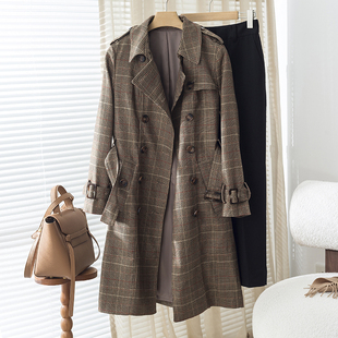 通勤英伦风~对格工艺经典双排扣简章设计系带收腰中长风衣外套秋