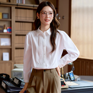 白色长袖衬衫女纯棉秋季新款气质职业衬衣通勤宽松上衣工作服