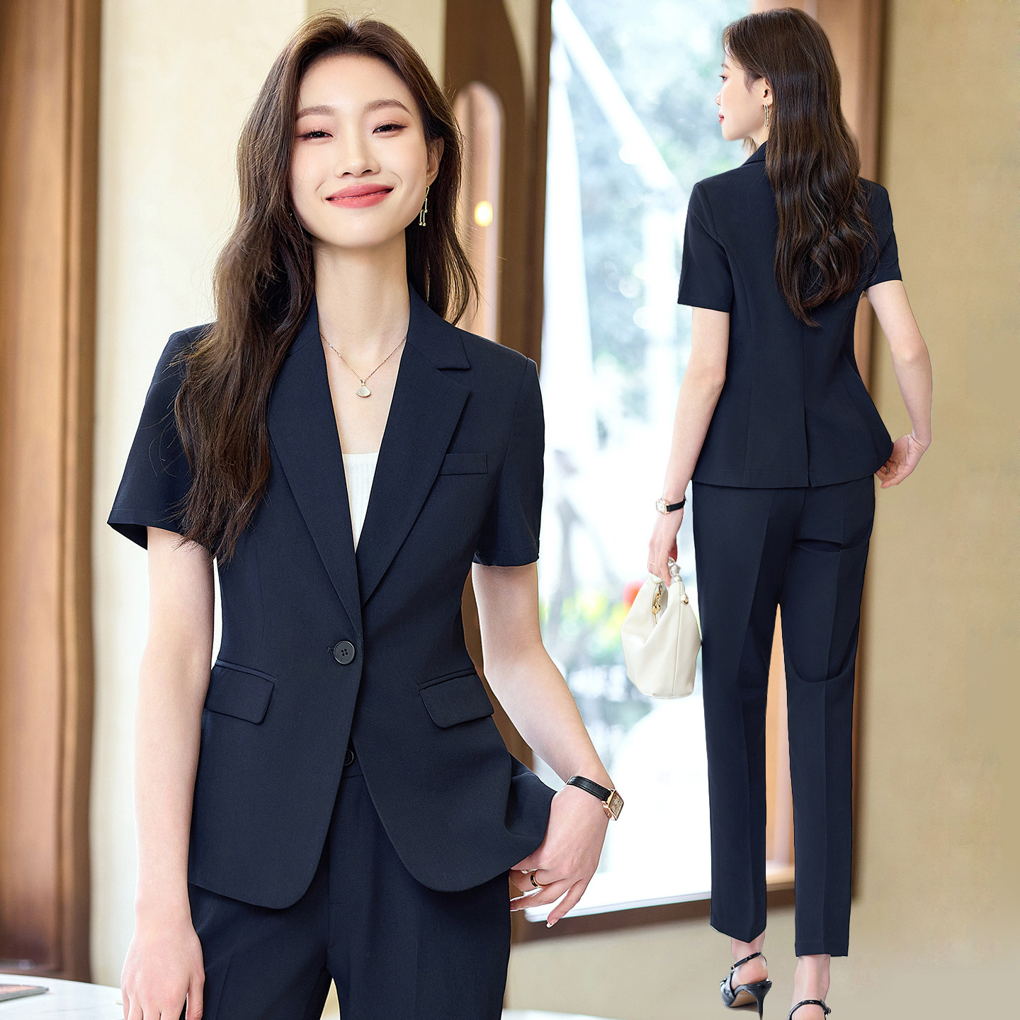 藏青色西装套装女夏季薄款正装售楼大学生面试时尚职业外套工作服