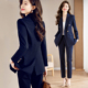 夹棉西装 外套女秋冬高级感两件套气质女神范工作服藏青色职业套装
