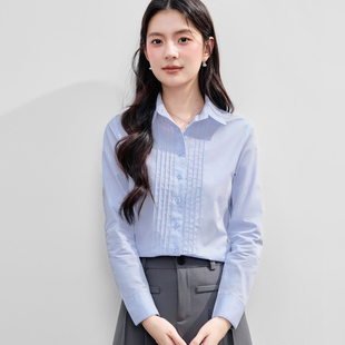 蓝色长袖衬衫女春100%纯棉白衬衣通勤职业正装修身翻领高级感工装
