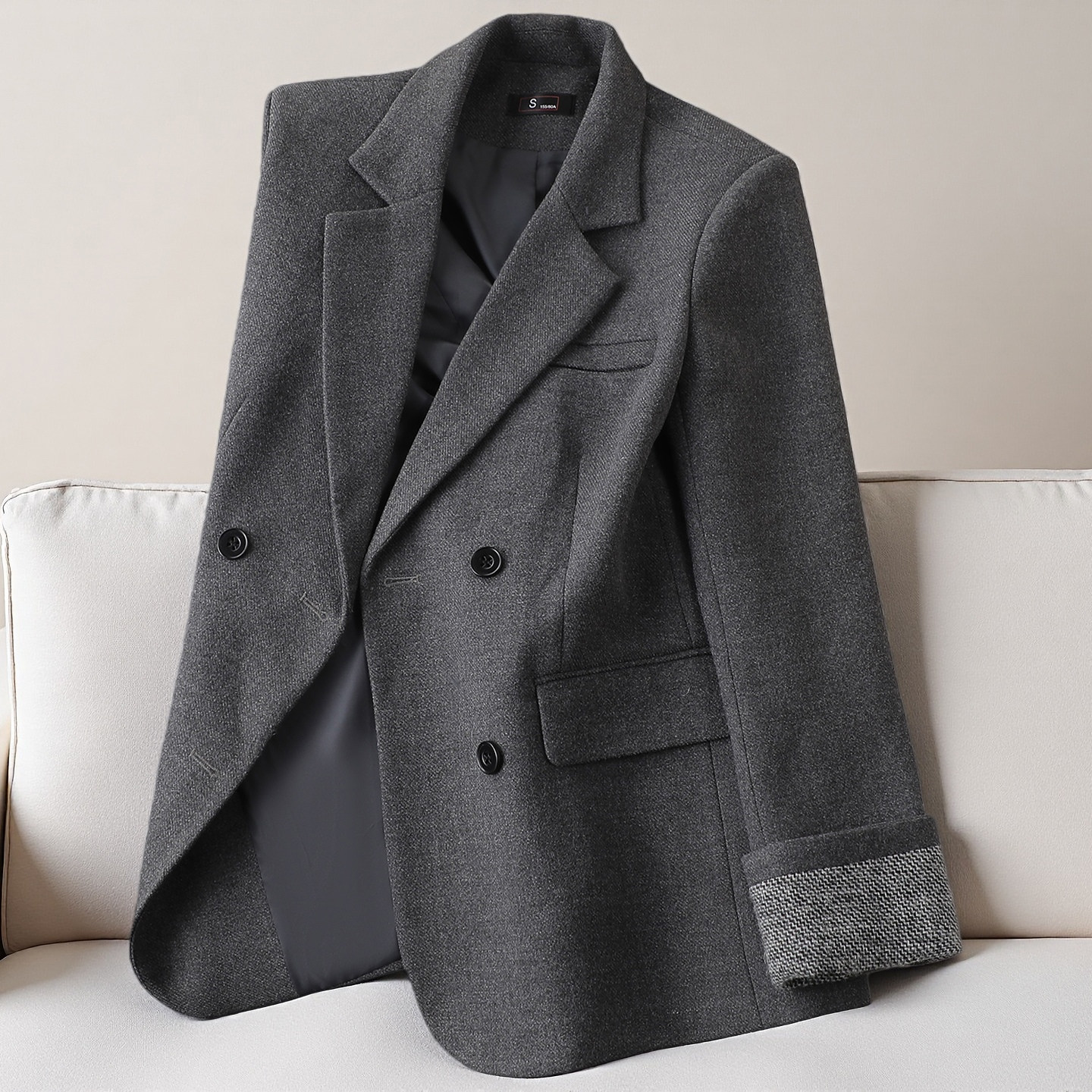 灰色毛呢西装外套女2025新款秋冬高级感双排扣夹棉保暖小个子上衣,女装/女士精品,西装,淘宝优惠券,粉丝福利购,淘宝优惠卷