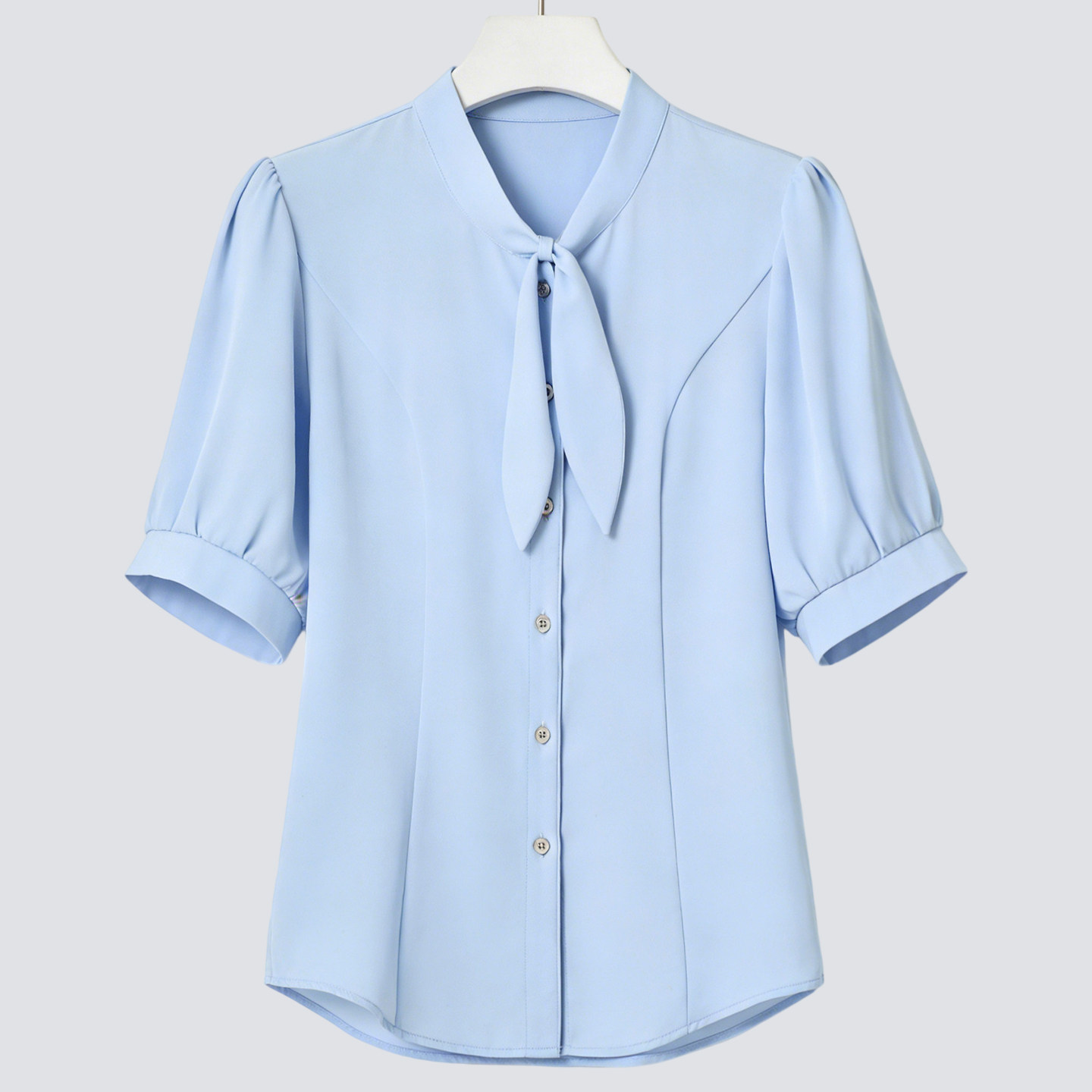 蓝色蝴蝶结系带衬衫女夏短袖薄款套裙美容师珠宝店前台接待工作服
