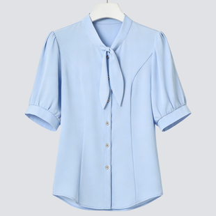 蓝色蝴蝶结系带衬衫女夏短袖薄款套裙美容师珠宝店前台接待工作服