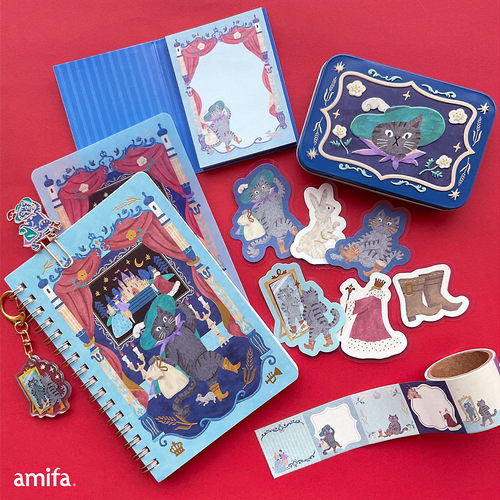 日本amifa格林童话系列穿靴子的猫和小红帽贴纸便签印章手帐素材