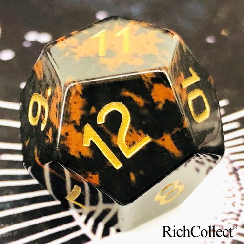 D12天然金天鹅桃红黑曜石12面矿石数字骰子色子 远古拓印图
