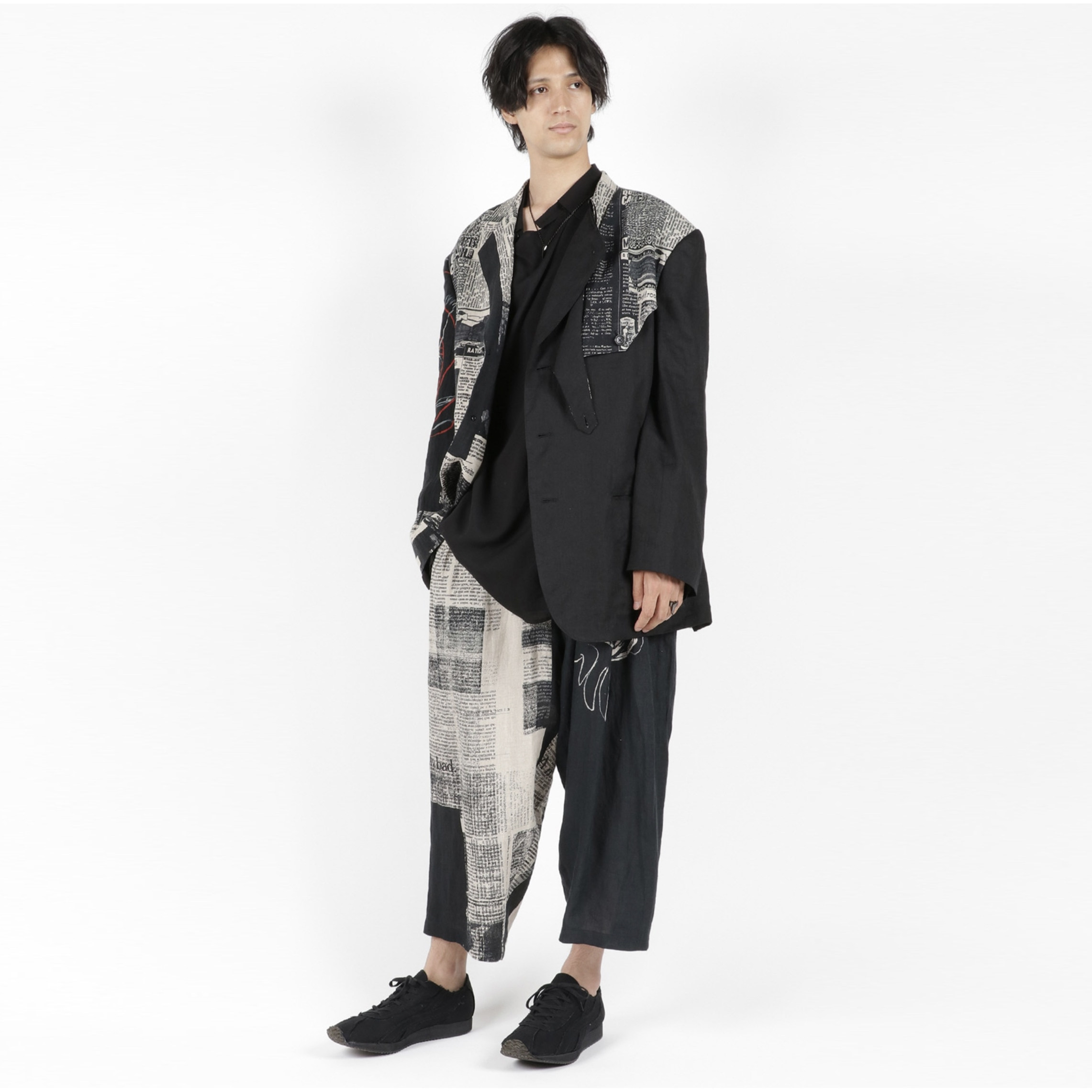 YAMAMOTO®亚麻报纸 CAMBRICK 印花西服夹克小众设计师品牌黑外套
