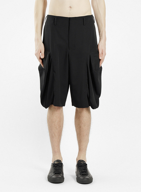 YAMAMOTO ® WOOL SHORTS立体解构超大黑色休闲五分短裤CDG大裤衩