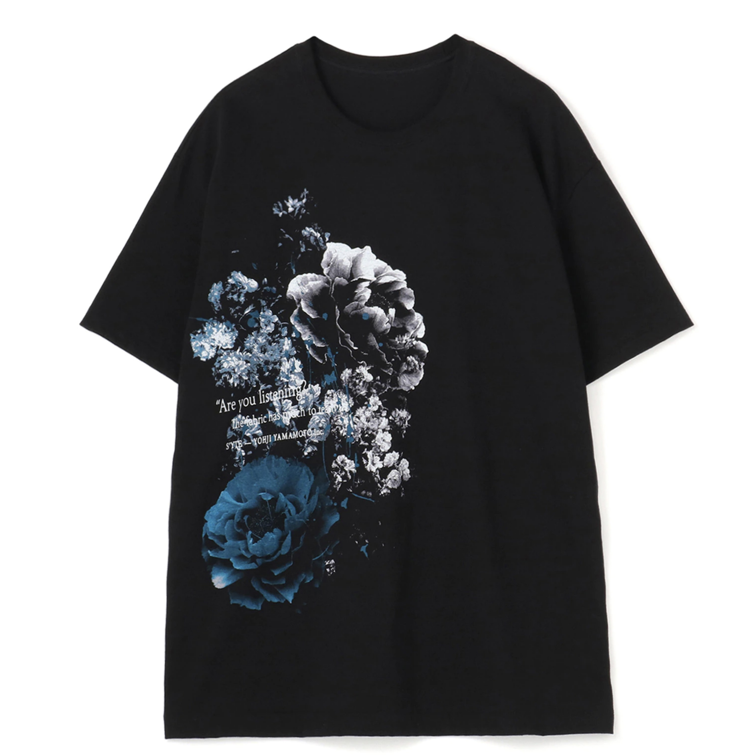 YAMAMOTO ® 日系原创暗黑棉质钴蓝色花朵留言 T 恤