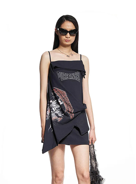 【现货】MARRKNULL 25AW Dislocated印花黑色吊带裙 DOUBLEBOO