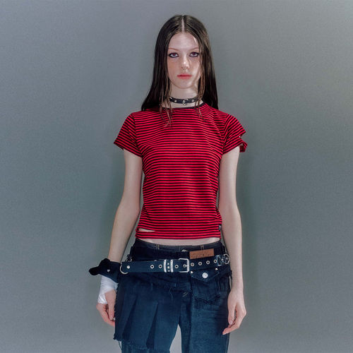 【现货】VACANT Archive 26SS 春夏新款做旧条纹T DOUBLEBOO