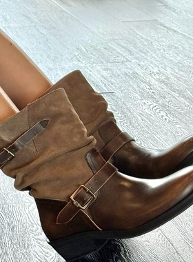 【现货】ICE DUST 25AW 经典款做旧擦色褶短靴 DOUBLEBOO