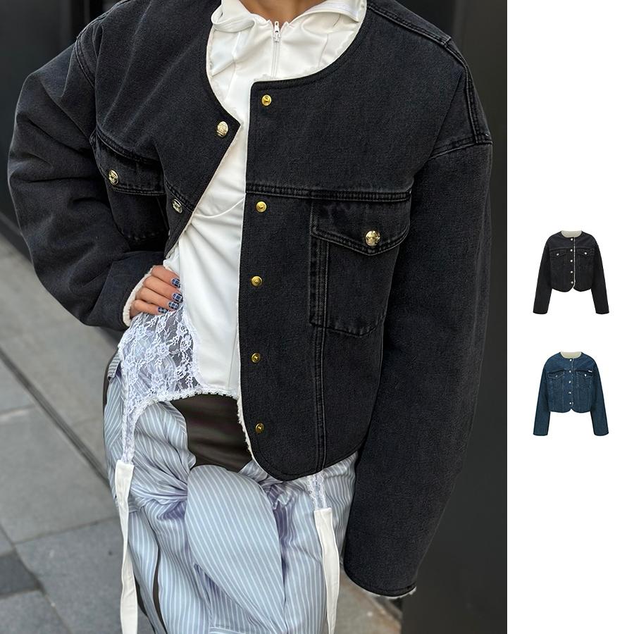 YCH新款圆领双面牛仔夹克外套