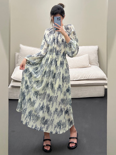 现货3折 DOUBLE RECTO 海军蓝 BOO 日出印花背开细节及地长裙