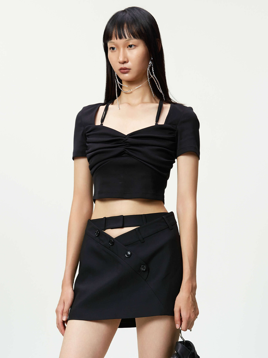 【现货4折】MARRKNULL 23SS 新品短款方领胸部褶皱T恤短袖