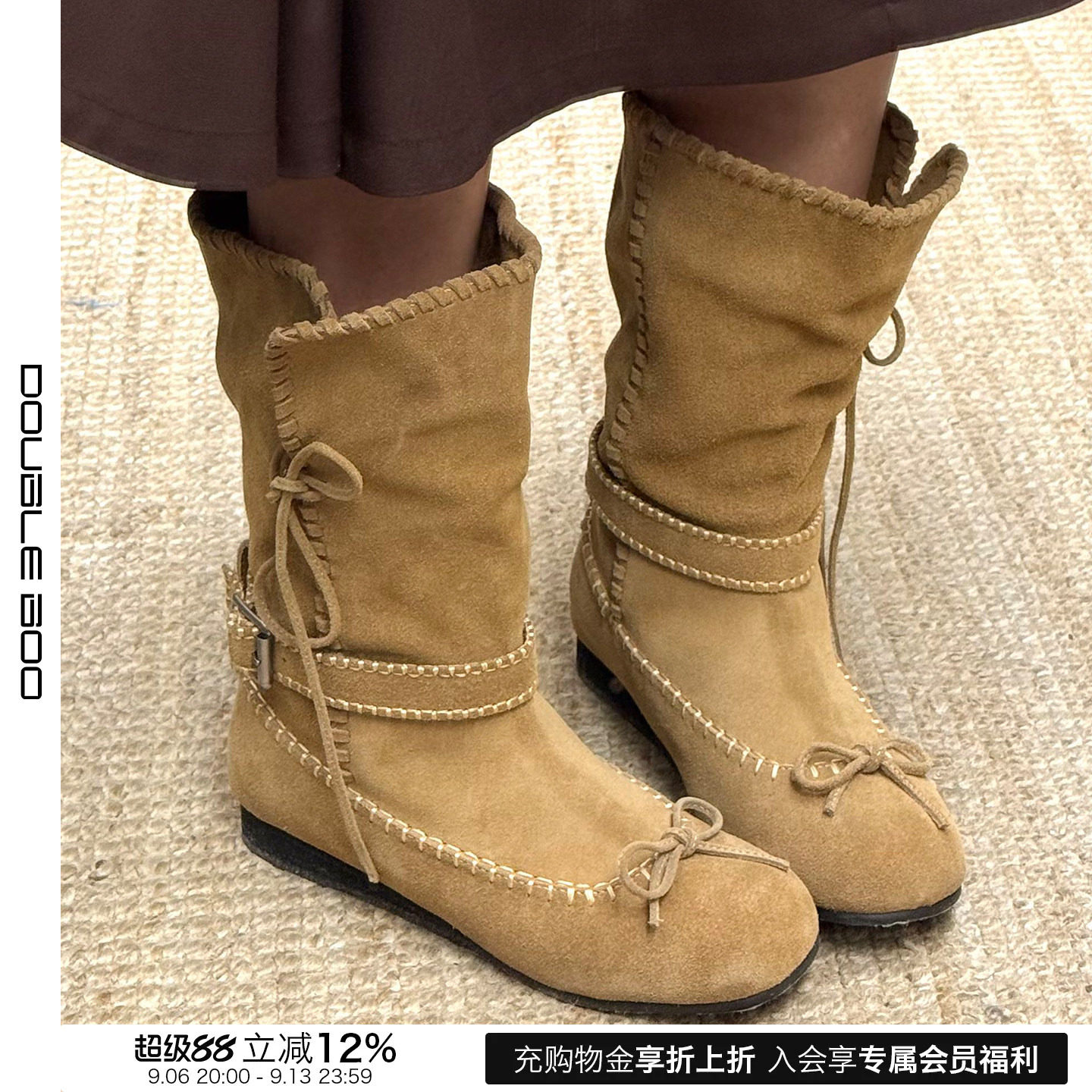 【现货】KHIHO 26SS 蝴蝶结可折叠扣带中筒靴 DOUBLEBOO图片