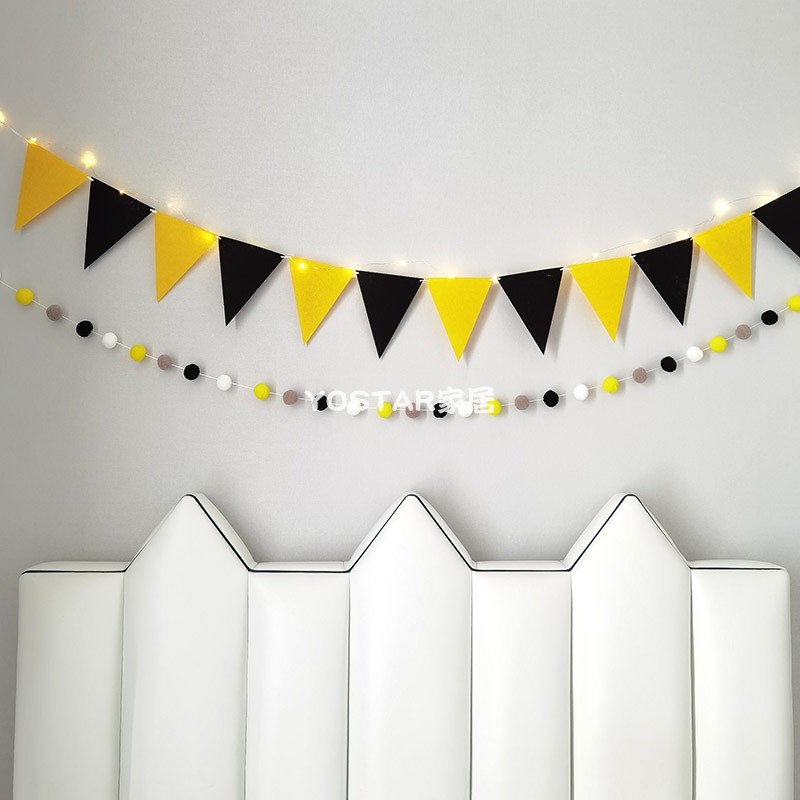 幼儿园装饰彩旗生日派对毛球串ins少女无纺布三角旗个性儿童房间