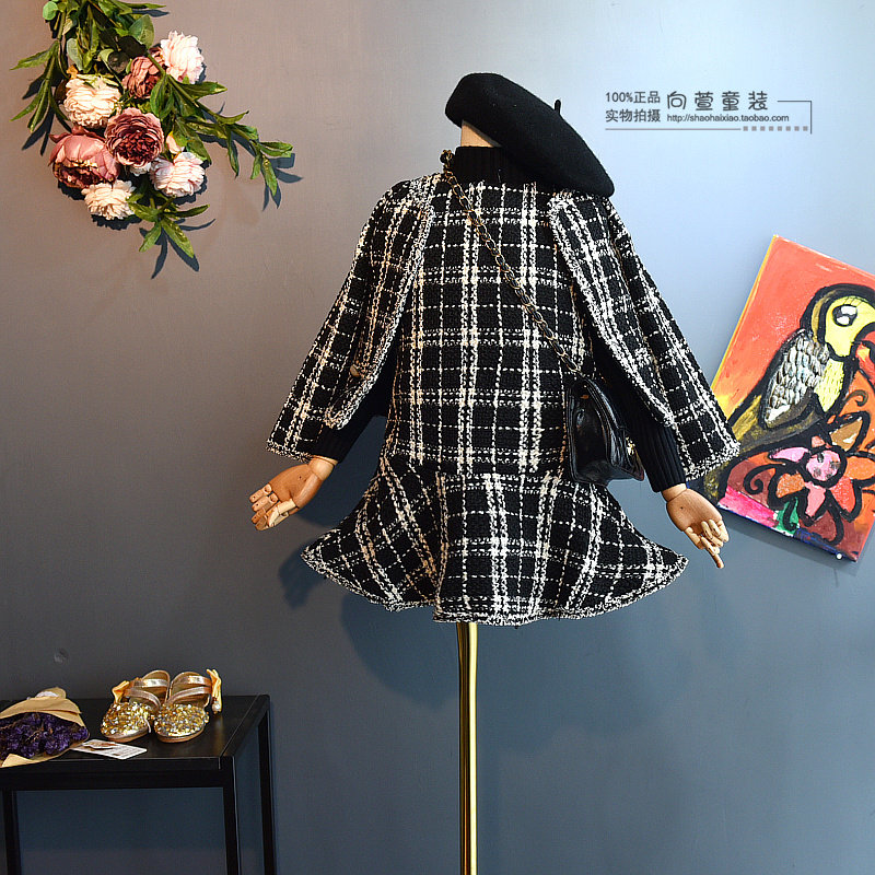 女童小香风套装2019新款秋装儿童名媛风格子短款外套连衣裙两件套