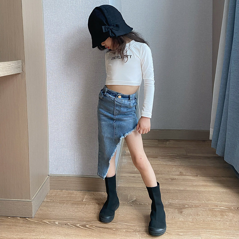 女童牛仔短裙2022春季新款欧美范网红弹力修身包臀裙子洋气斜边裙