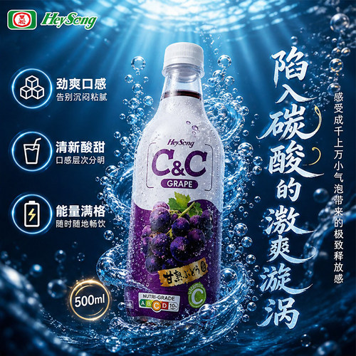 黑松CC葡萄气泡水500ml户外野餐清爽解渴整箱囤货果味碳酸饮料