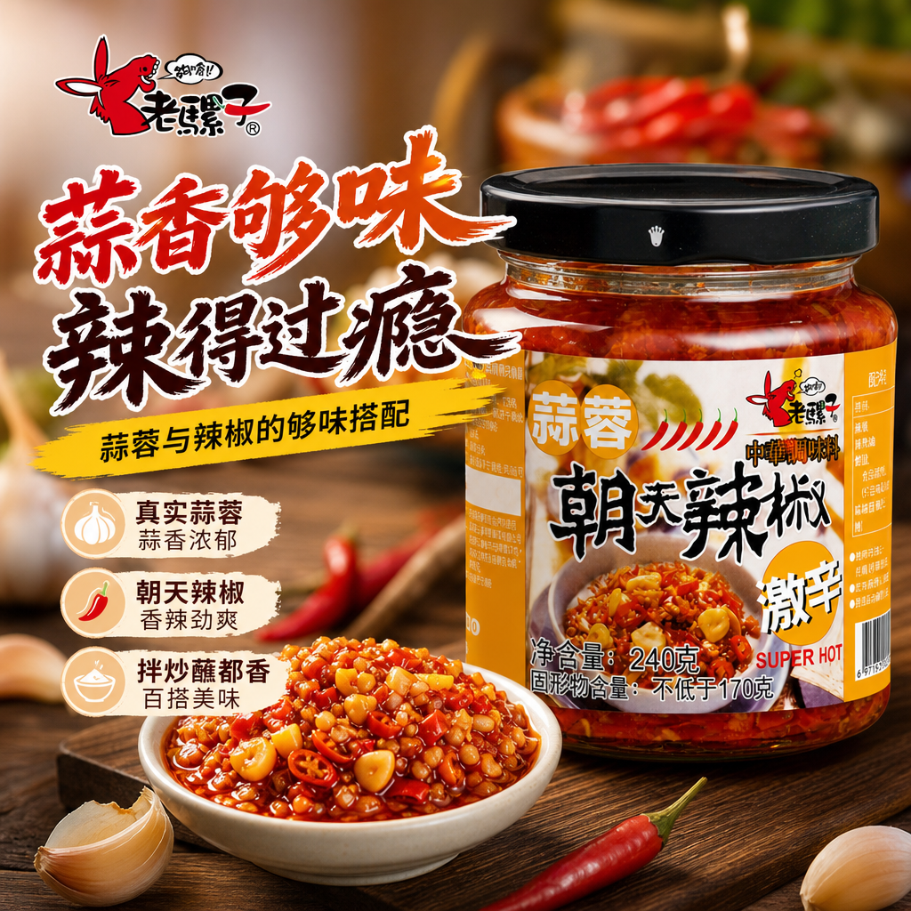 台湾进口特产老骡子蒜蓉朝天辣椒酱特香辣下饭剁椒酱240g