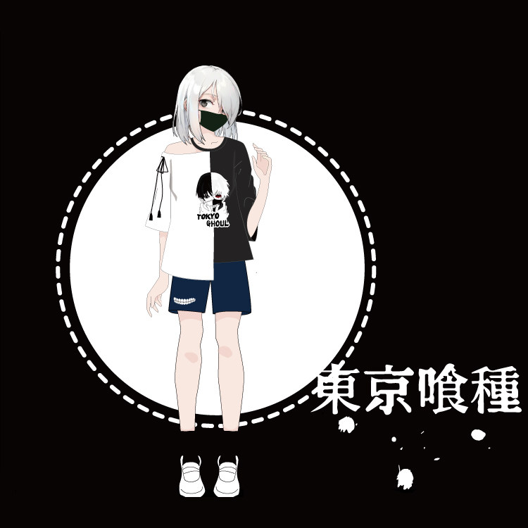 宅漫周边店 东京喰种食尸鬼不规则切割五分袖流苏带二次元女t恤
