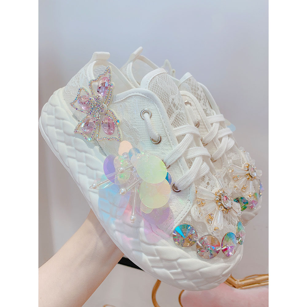 蕾丝小白鞋女高端设计师定制奢华水钻亮钻蝴蝶结舒适透气休闲鞋潮