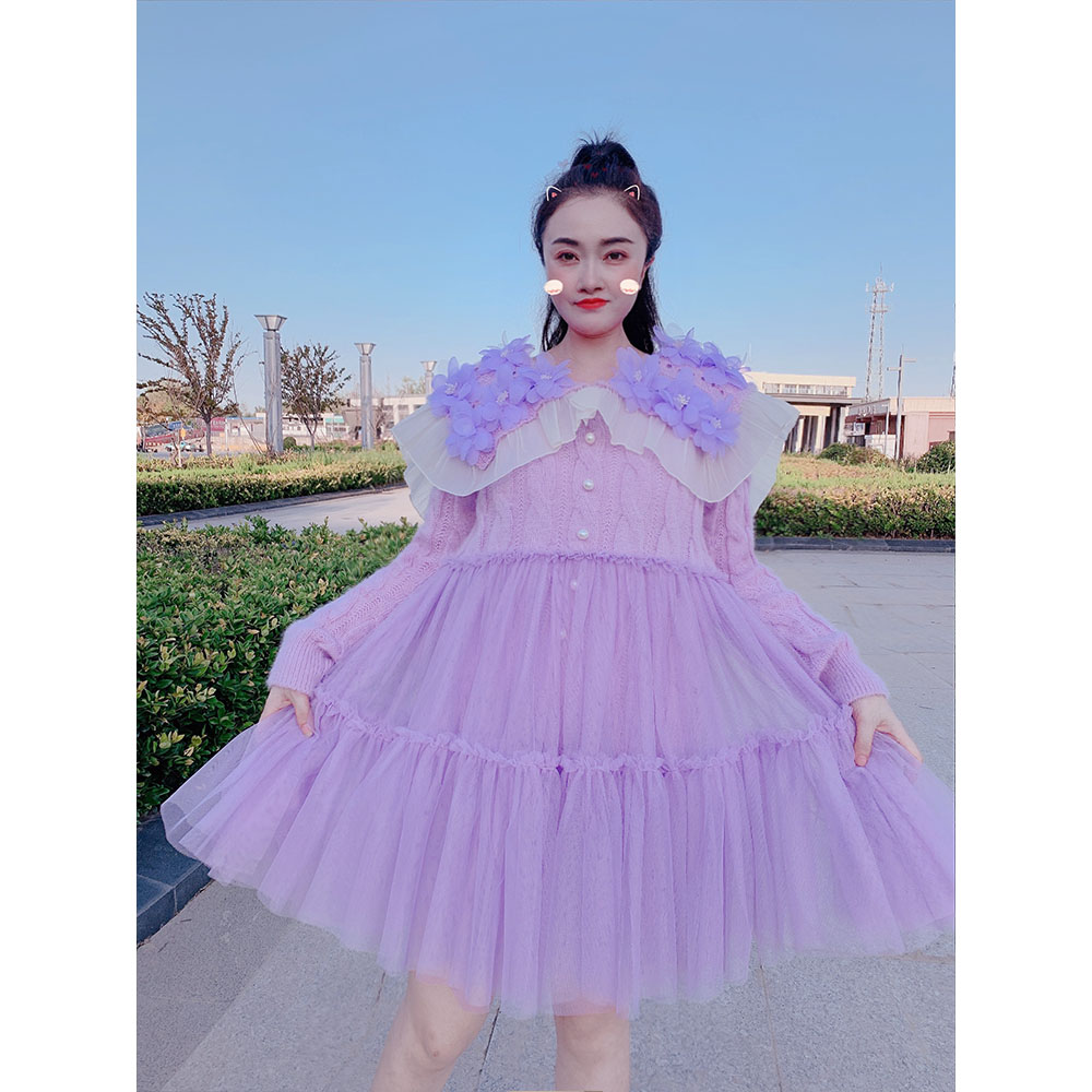 毛衣连衣裙女秋新款韩版甜美花朵娃娃领网纱拼接超仙毛衣裙仙女裙