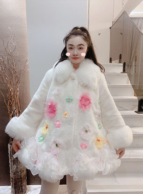 重工立体花朵加棉仿狐狸毛外套潮