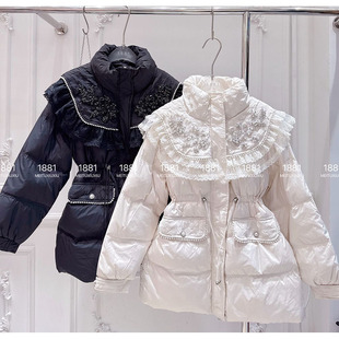 羽绒服女冬新款韩版甜美重工镶钻荷叶边设计感收腰显瘦鸭绒外套潮