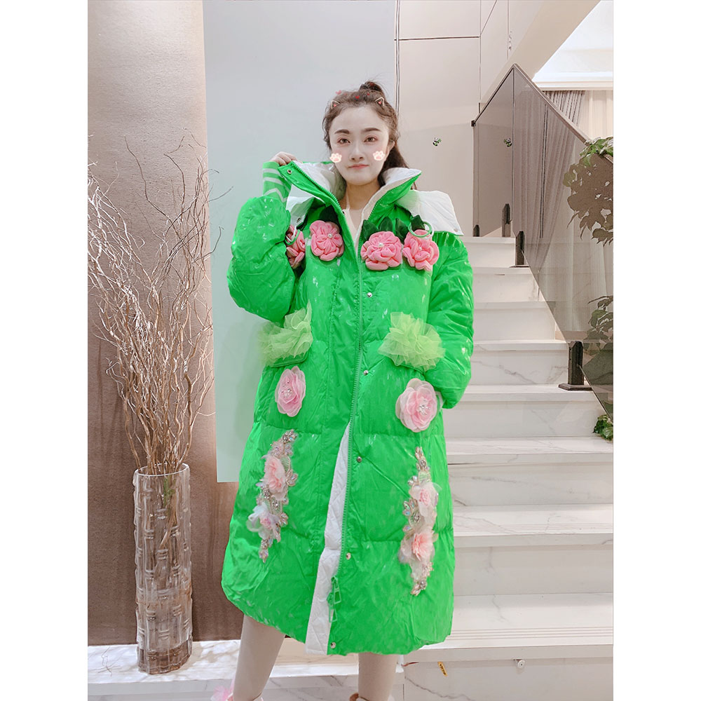 潮甜美鹅绒中长款连帽花朵羽绒服