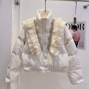 羽绒服女冬新款韩版甜美重工镶钻飞飞袖加厚保暖白鸭绒短款外套潮