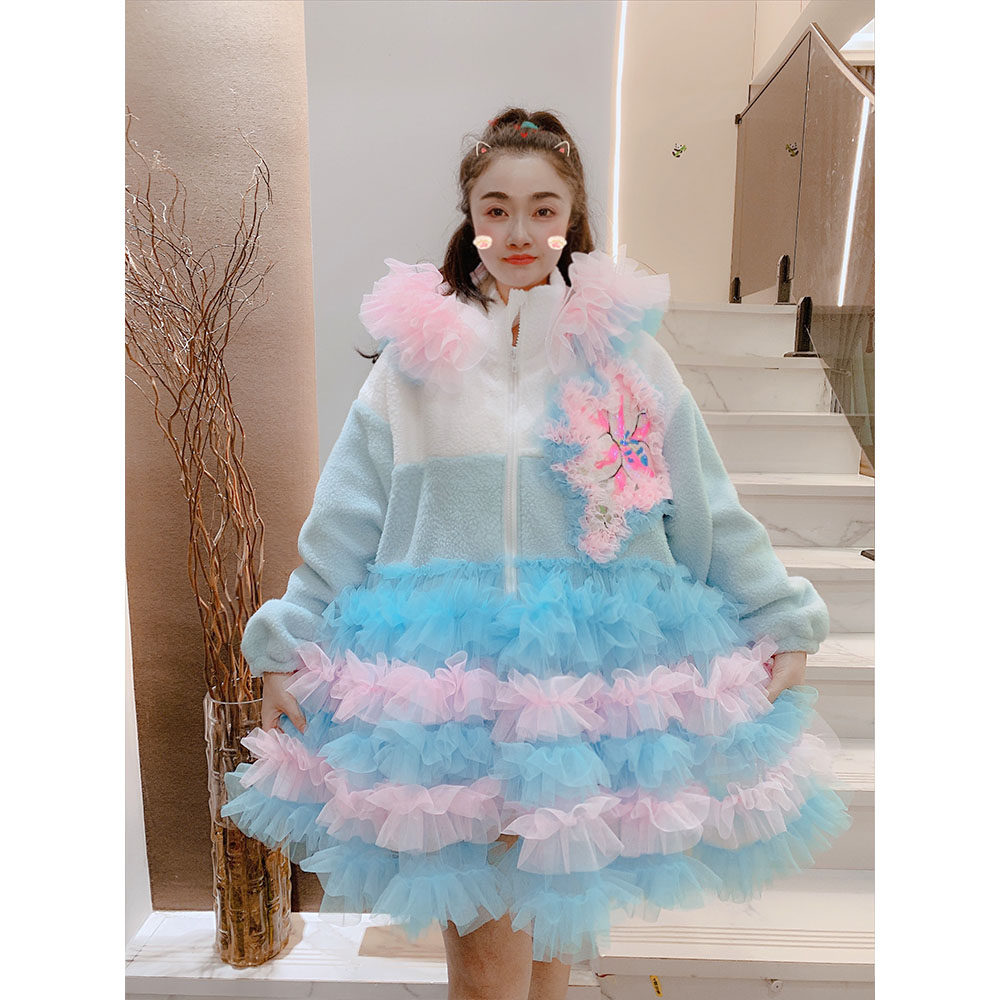 毛绒棉服外套女冬新款韩版甜美重工连帽云朵网纱拼接加绒加厚棉衣