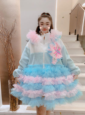 重工连帽云朵网纱拼接加厚棉服潮