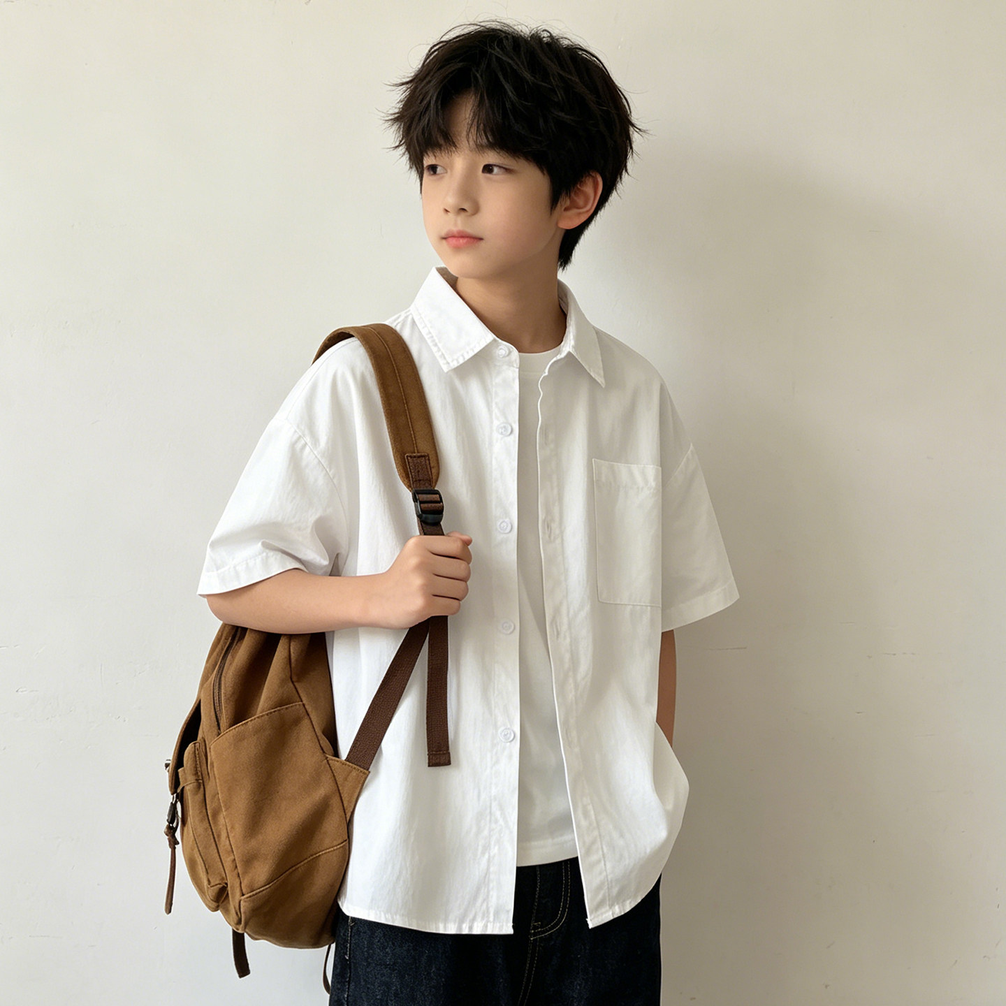 班比纳童装夏装新款男童衬衫短袖纯棉儿童衬衣白色上衣开衫演出服