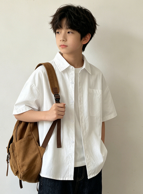 班比纳童装夏装新款男童衬衫短袖纯棉儿童衬衣白色上衣开衫演出服