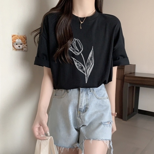 T0373-P30 100%棉精梳纯棉 简约手绘花朵印花夏装短袖T恤女宽松图片