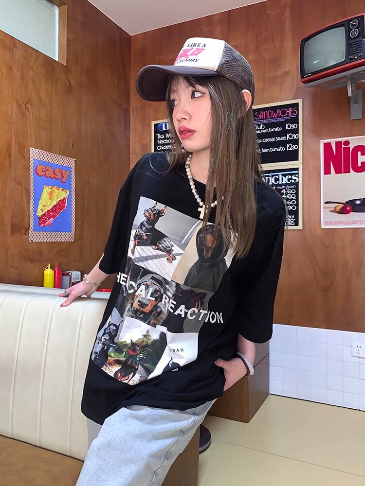 T0964-P25美式复古帅气杜宾犬九宫格印花纯棉T夏装短袖T恤女,女装T恤,星座617A-2