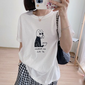 T0310-P25 夏装短袖T恤女 简约手绘卡通印花纯棉宽松T图片