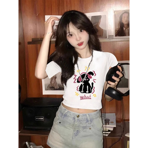 T0066-P35 短款修身短袖T恤女夏 爱音乐的狗狗纯棉印花T图片