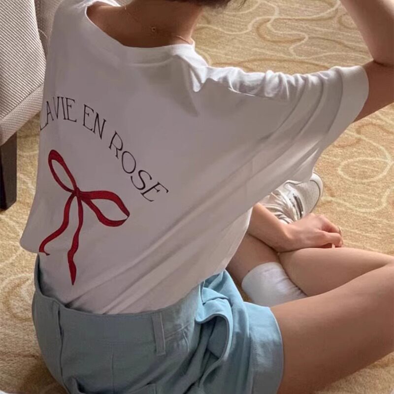 T0307-P25夏季慵懒纯棉蝴蝶结印花设计感小众宽松大码短袖T…,男装T恤,星座617A-2