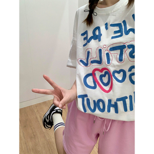 T0338-P30 24新款个性彩色字母印花纯棉T恤 情侣宽松版图片