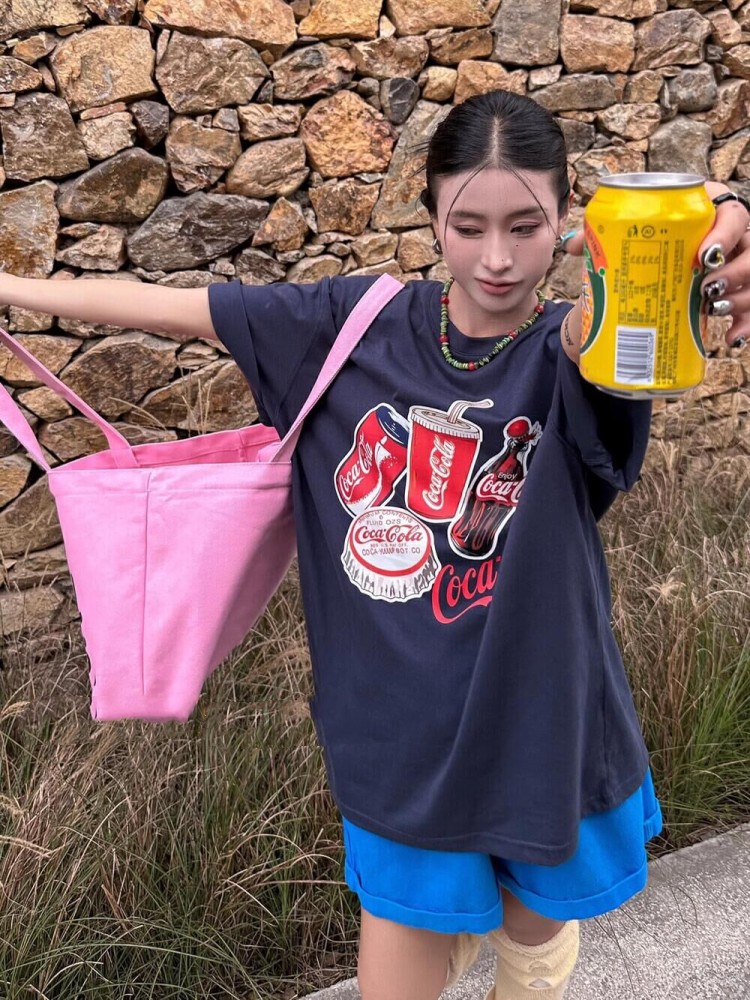 T0222-P25春夏新款韩版美式复古可乐印花宽松短袖T恤女休闲,女装T恤,星座617A-2