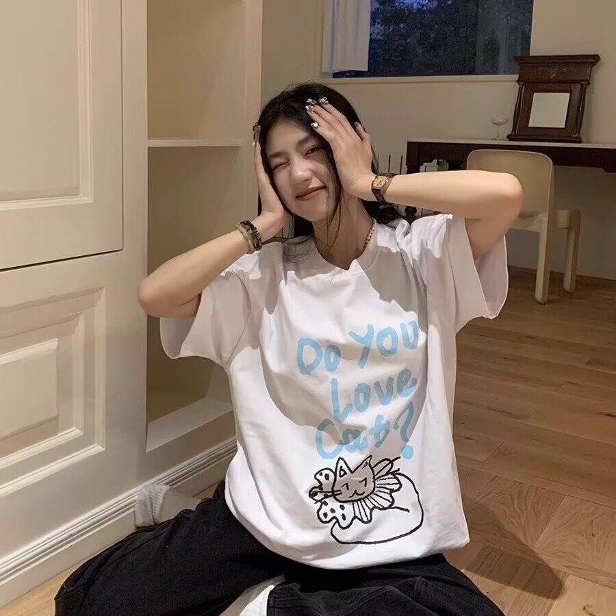 T0922-P25慵懒风卡通猫咪印花短袖T恤,女装T恤,星座617A-2